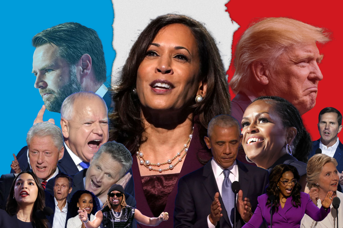 As dozens of politicians, celebrities, and athletes endorsed Kamala Harris in the 2024 presidential election, the fabric of our country slowly tears away with red and blue stains. The fanfare of conventions might be fascinating, but the inflamed rhetoric can be equally destructive to the fabric of a civil, democratic society. Graphic by Eshaam Bhattad.
