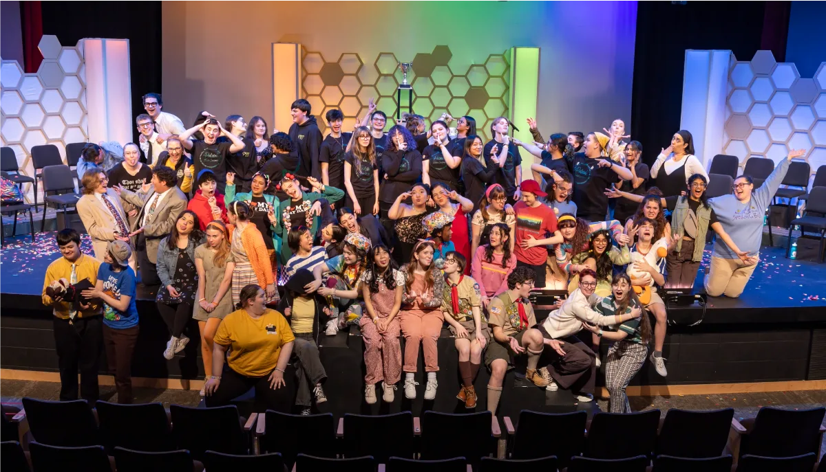 Both casts of the double-casted musical The 25th Annual Putnam County Spelling Bee posed for a picture in full costume. Casts traded off performances, with both casts performing twice. Photo Courtesy of Joel Lerner.